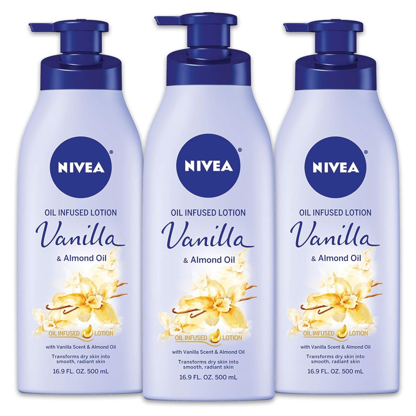 Oil Infused Vanilla and Almond Oil Body Lotion for Women, Fast-Absorbing and Non-Greasy Vanilla Scented Lotion Moisturizes for 48 Hours, 16.9 Fl Oz Pump Bottle, Pack of 3