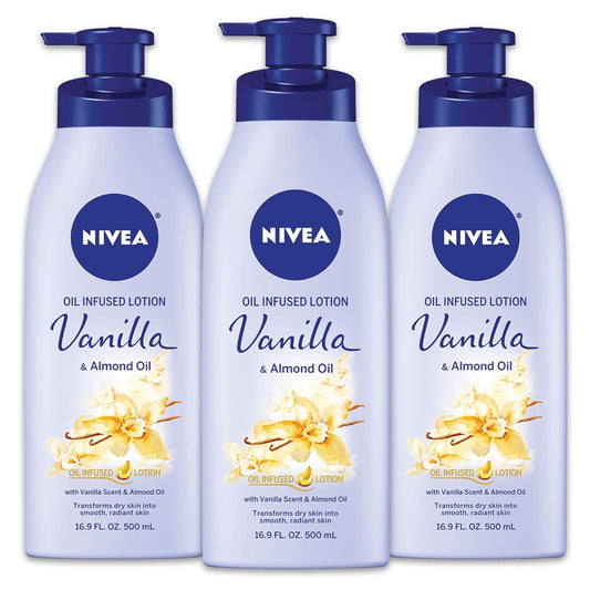 Oil Infused Vanilla and Almond Oil Body Lotion for Women, Fast-Absorbing and Non-Greasy Vanilla Scented Lotion Moisturizes for 48 Hours, 16.9 Fl Oz Pump Bottle, Pack of 3